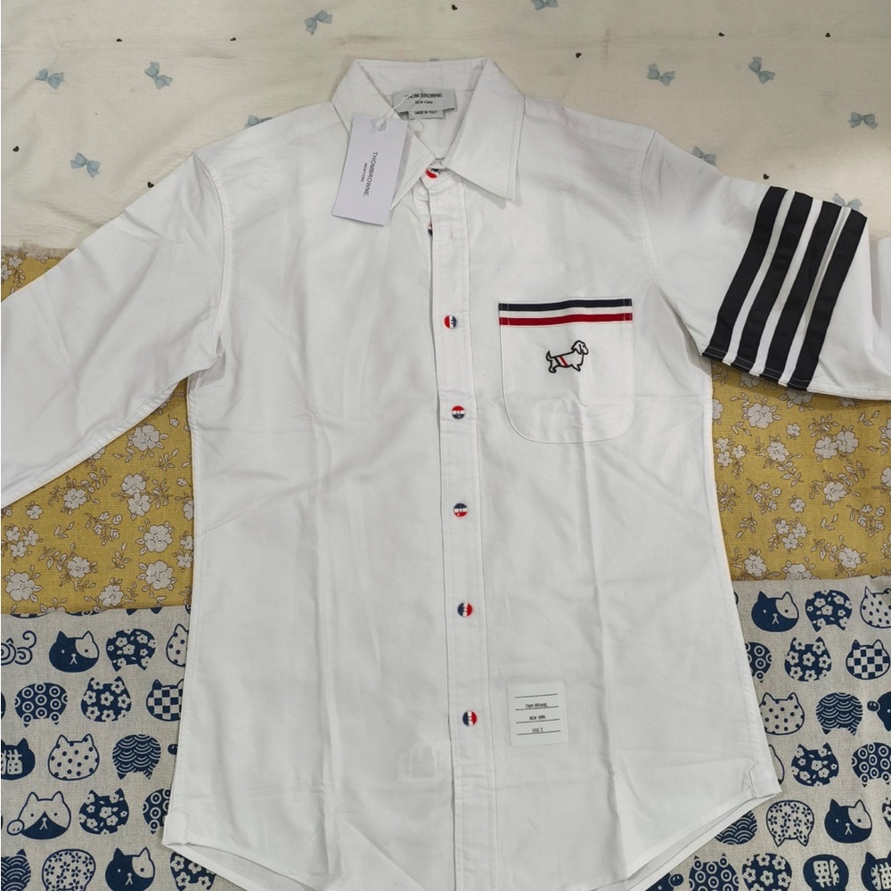 Thom Browne White Button-Down Shirt with Navy and Red Accents